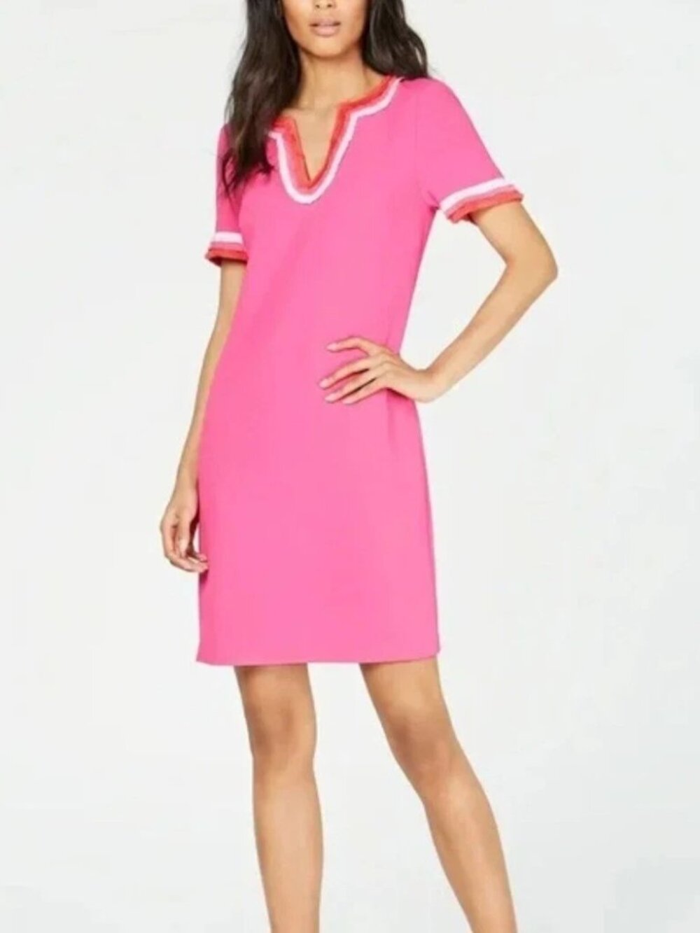 Trina Turk Vibrant Pink Short Sleeve Fringe Trim Shift Dress Size 14